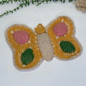 Handmade Vintage Crochet Knit Butterfly Decor Applique Yellow Pink Green